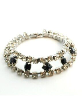 Vintage Rhinestone Bracelet Black Clear Double Row Silver Tone 7"